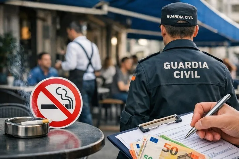 Inspección en terraza: multa por fumar en zona prohibida según la Nueva Ley del Tabaco.