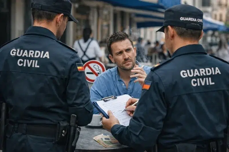 Cliente fumando en terraza: sanciones de la Nueva Ley del Tabaco por fumar en zonas prohibidas.