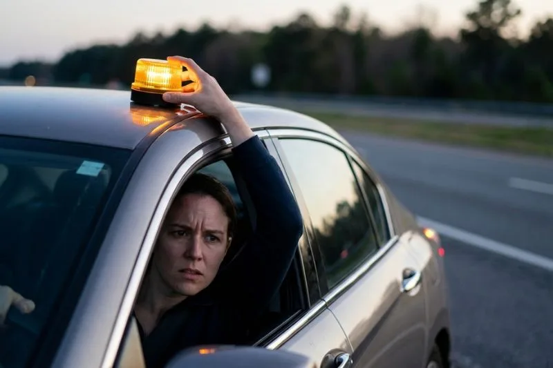 Persona colocando una baliza V16 en el techo del coche en una avería