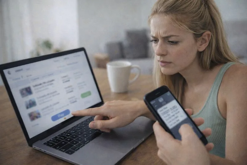 Persona dudando antes de pagar una entrada en reventa online para evitar entradas falsas