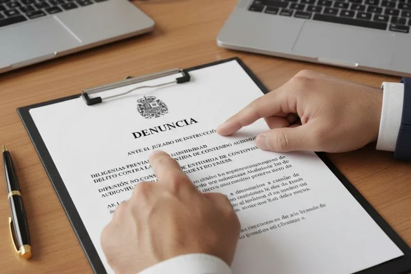 Primer plano de un formulario de denuncia ante el juzgado por la difusión de un vídeo sin permiso y vulneración de la intimidad.