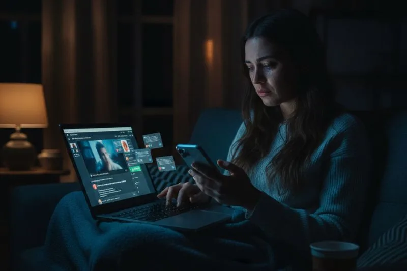 Mujer preocupada mirando un portátil y un móvil tras la difusión de un vídeo sin permiso en redes sociales.
