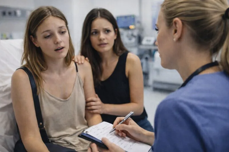 Joven en urgencias explicando sospecha de que le han echado algo en una fiesta para análisis y parte médico