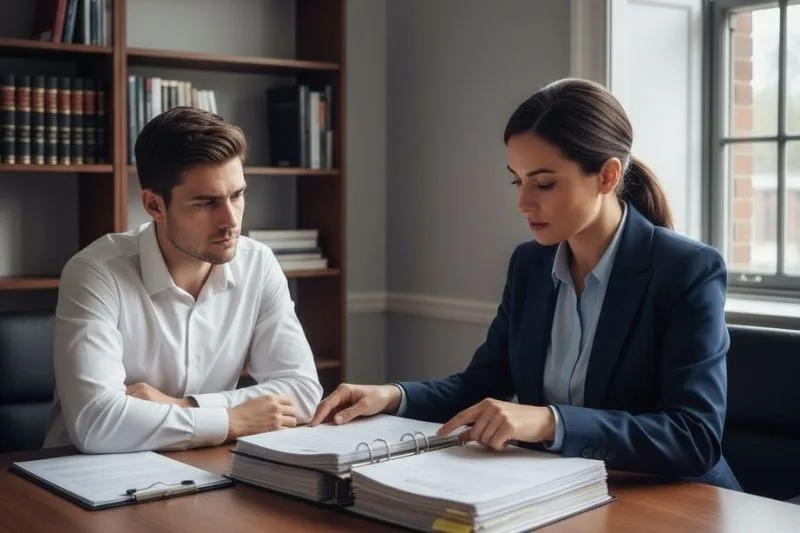 Abogado penalista urgente preparando a un cliente antes de declarar