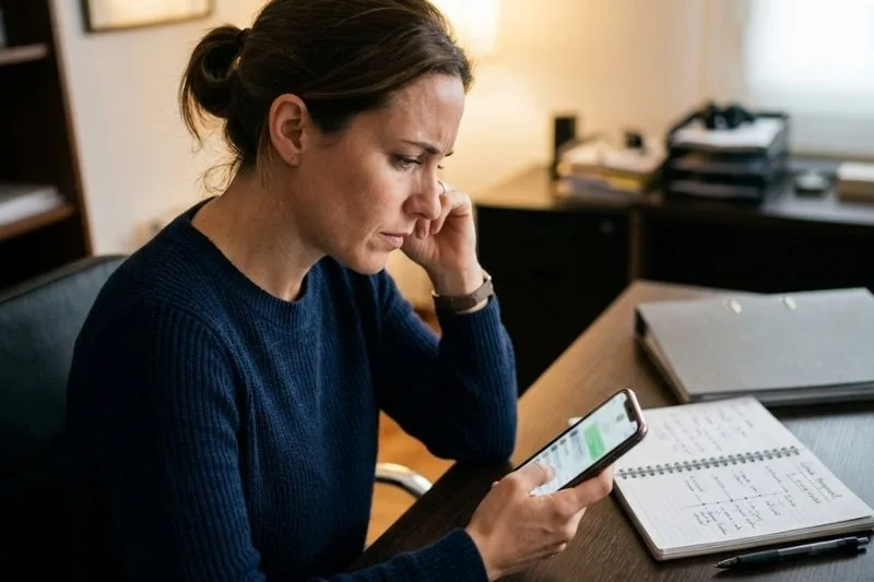 Persona revisando un chat en el móvil como posible prueba de amenazas en un juicio penal