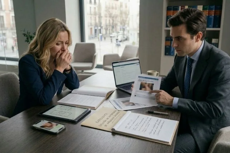 Persona y abogado revisando un caso del artículo 197.7 del Código Penal