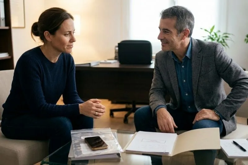 Reunión con profesional revisando documentación para acreditar amenazas por WhatsApp en juicio penal