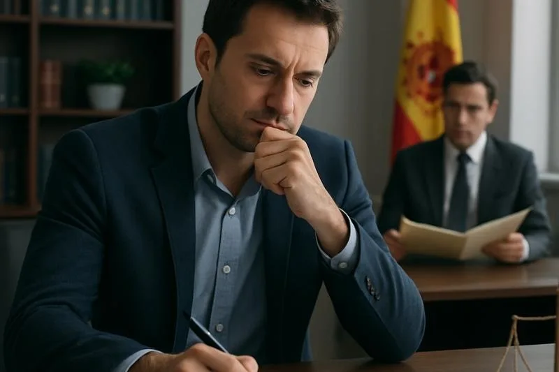 Persona revisando documentos para retirar denuncia por amenazas en un despacho