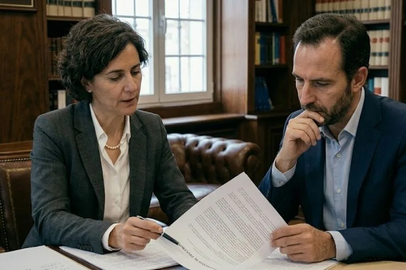 abogado y cliente revisando una propuesta de conformidad penal en despacho