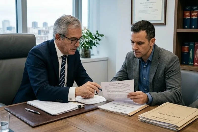 abogado y cliente revisando documentos sobre el derecho a no declarar