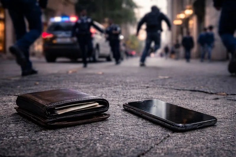 Cartera y teléfono móvil en el suelo como representación de hurtos leves reiterados