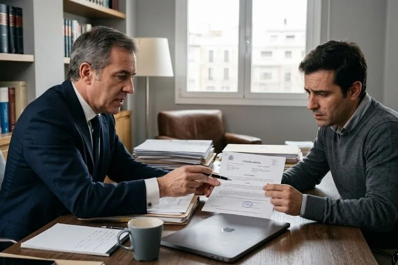 juicio rapido citacion despacho - Inicio abogado y cliente revisando una citación de juicio rápido en un despacho