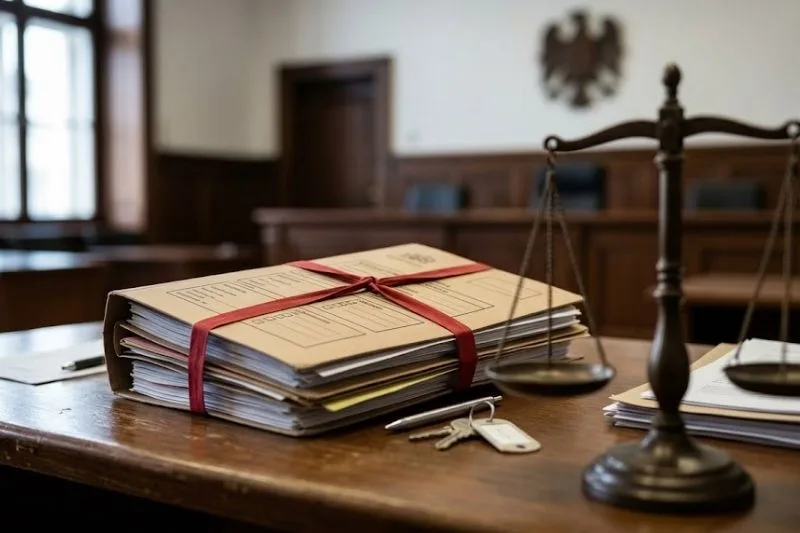 Expediente judicial y balanza en sala de juzgado sobre la ley de multirreincidencia 2026
