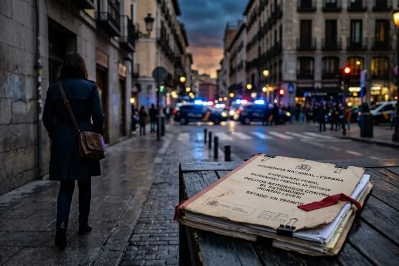 Expediente judicial en entorno urbano como representación de hurtos y estafas en la ley de multirreincidencia 2026