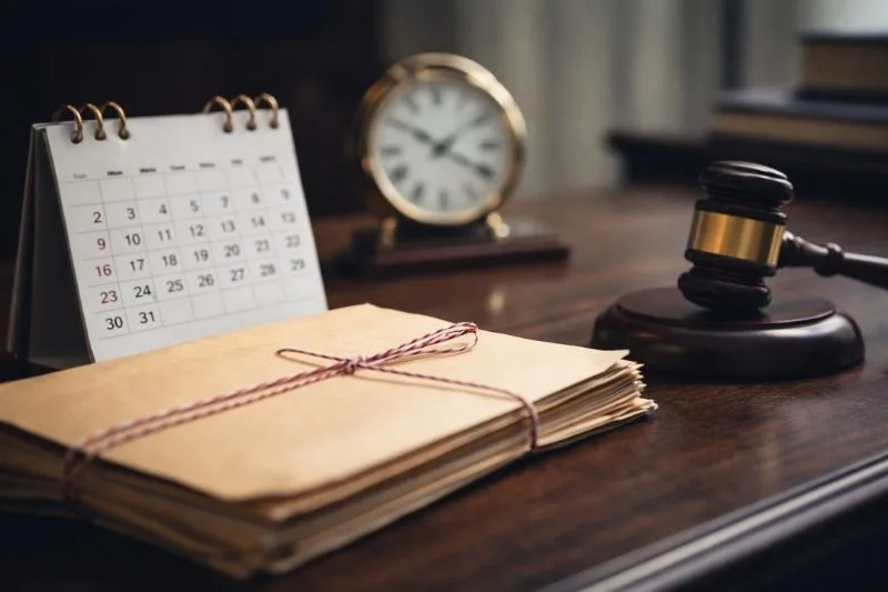 Expediente judicial con calendario y reloj sobre la prescripción de delitos cometidos por menores