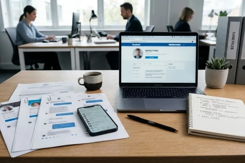 Mesa con móvil y capturas impresas para probar una suplantación de identidad por WhatsApp