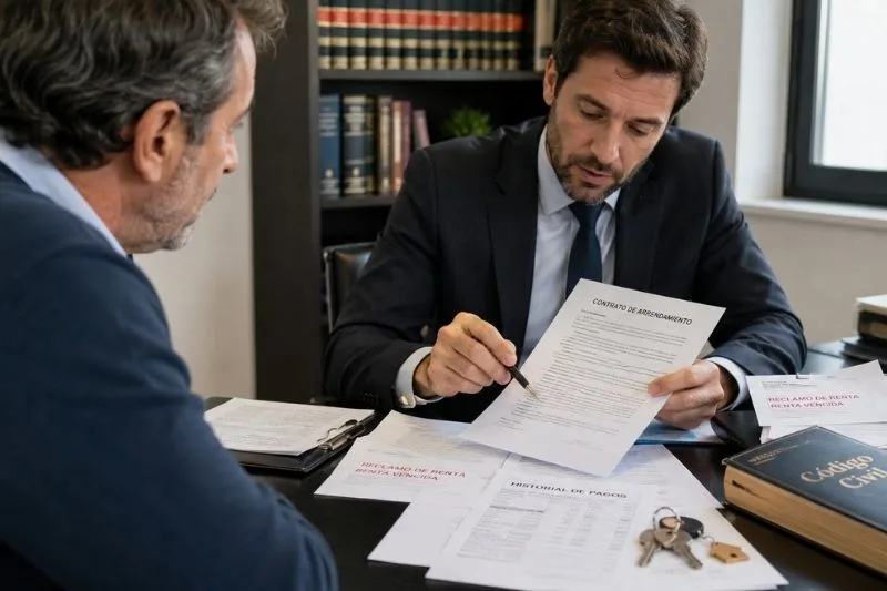 Abogado revisando contrato de alquiler por impago de rentas