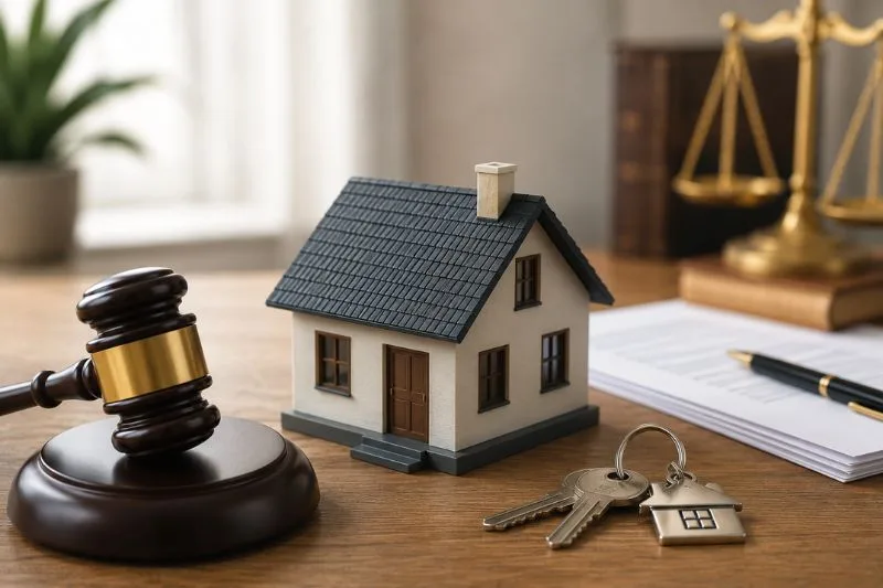 Heredero vive en una casa heredada con documentos legales, llaves y vivienda familiar